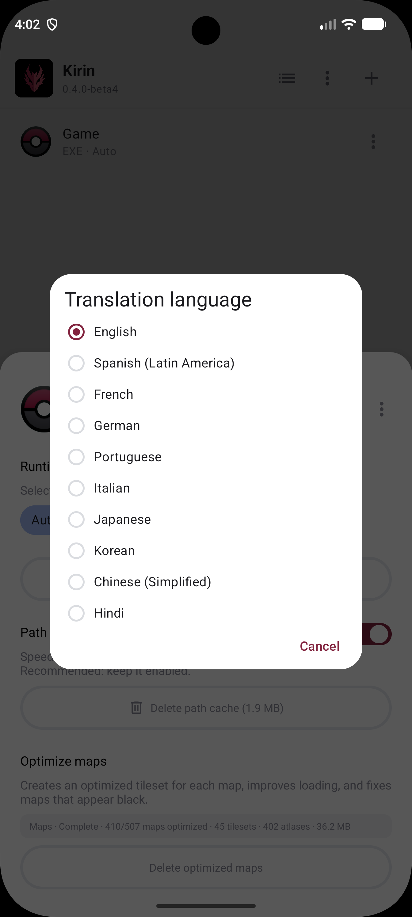 Translation language selector showing target languages, including Portuguese and Hindi.