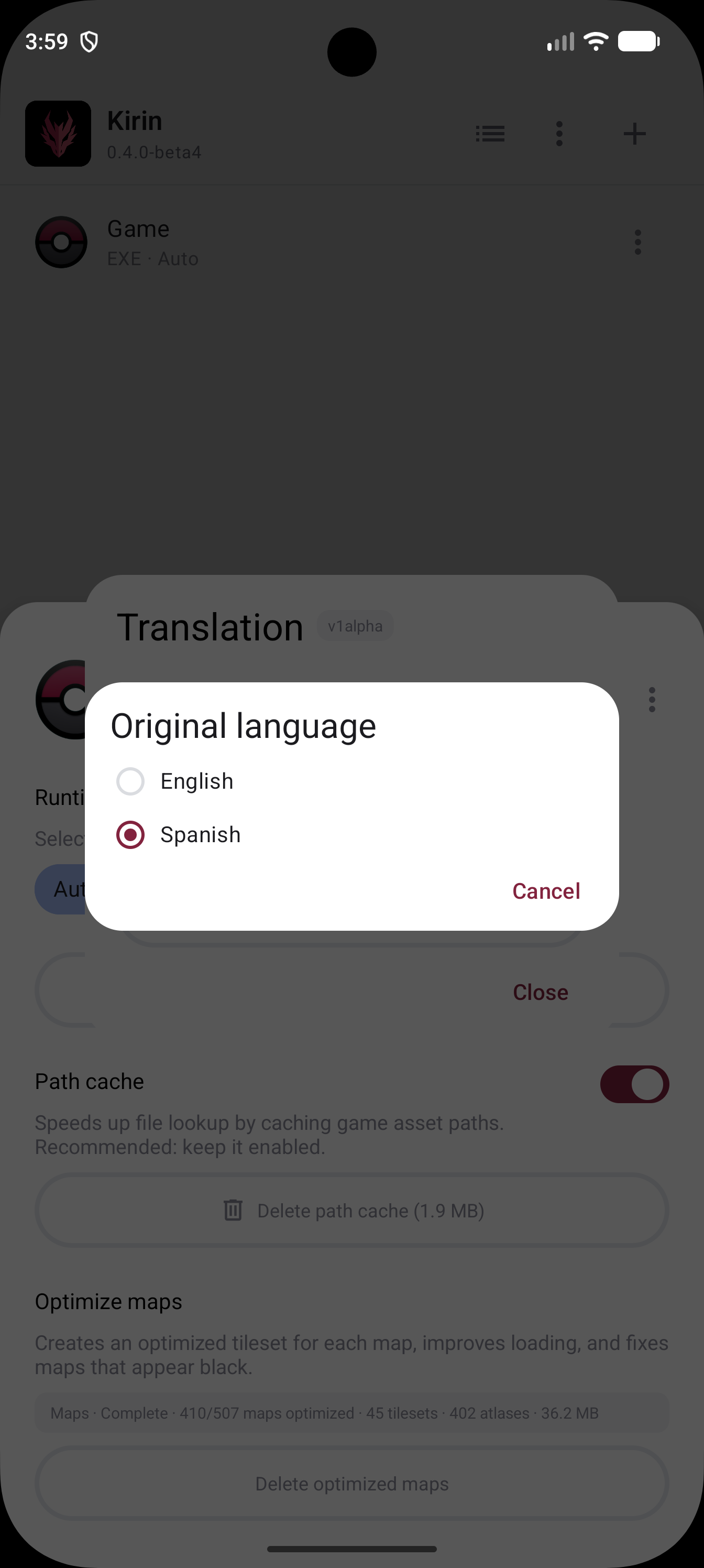 Original language selector showing English and Spanish, with Spanish selected.