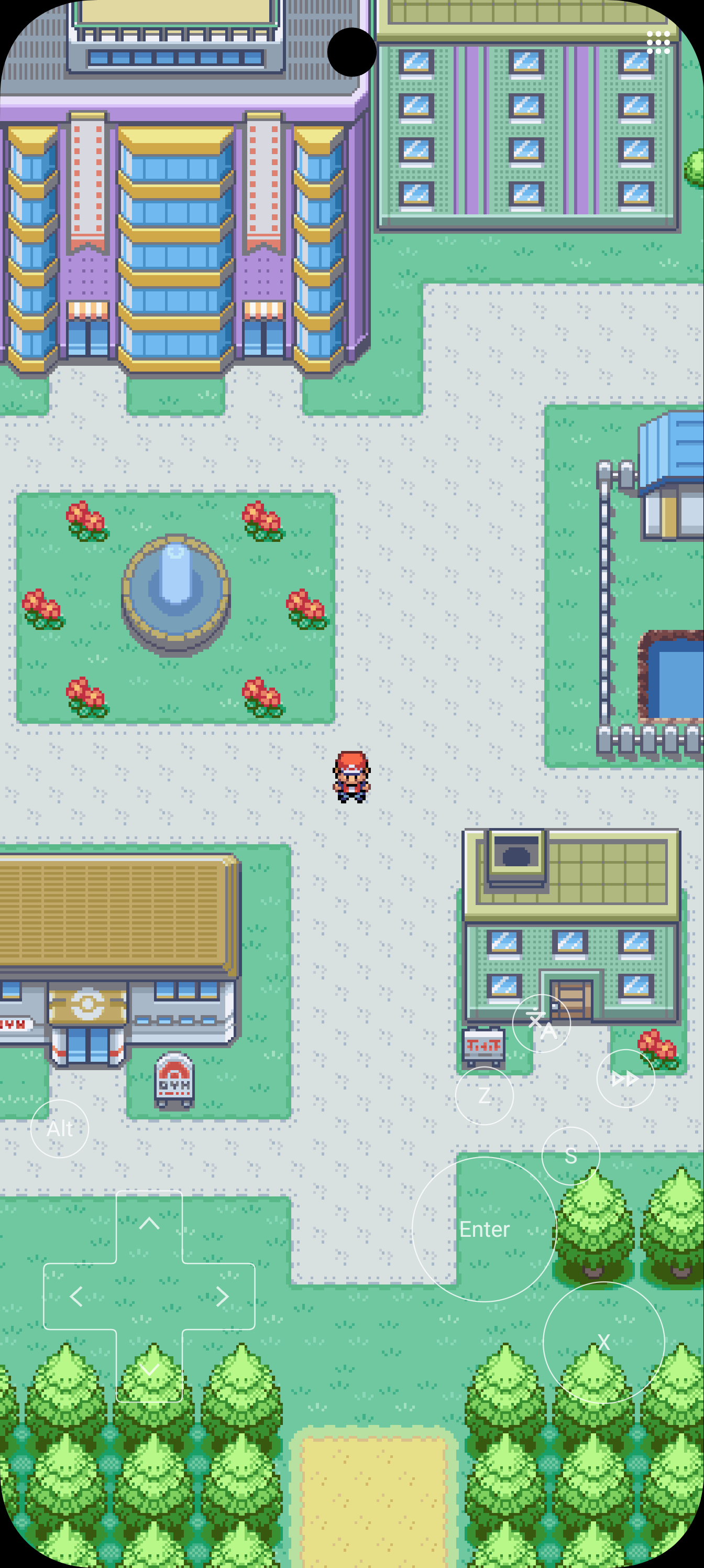 Panoramic portrait view of a town with the player character and touch controls.