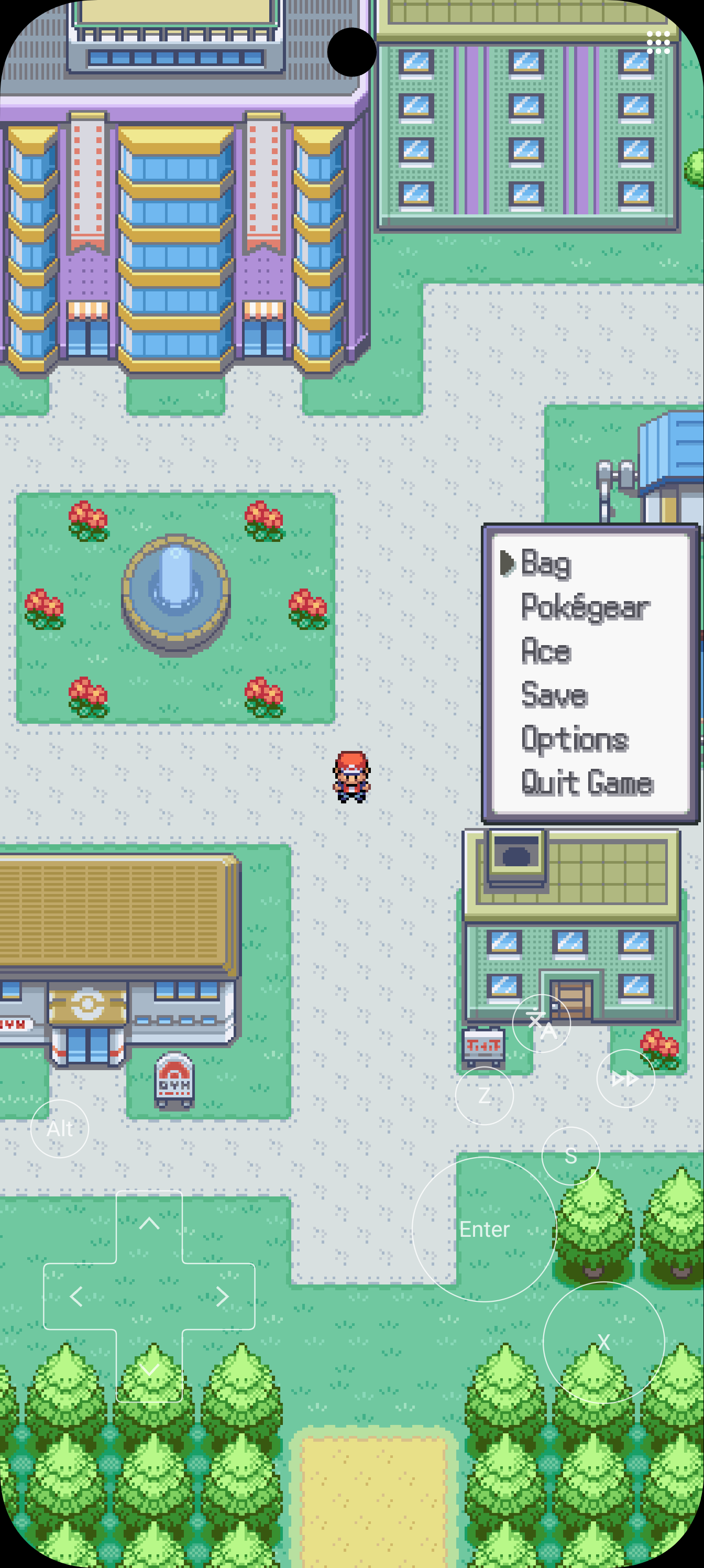 The game's options menu open over the panoramic town map.