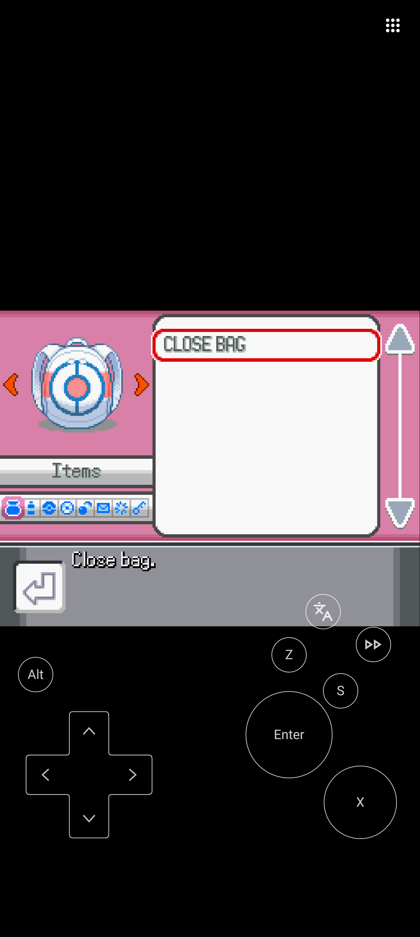 The game's bag screen in portrait orientation with touch controls.