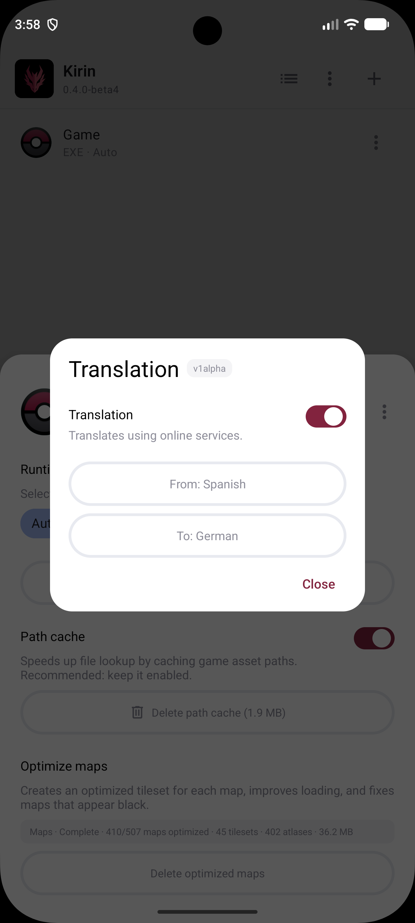Kirin's Translation panel with its toggle and source and target language settings.